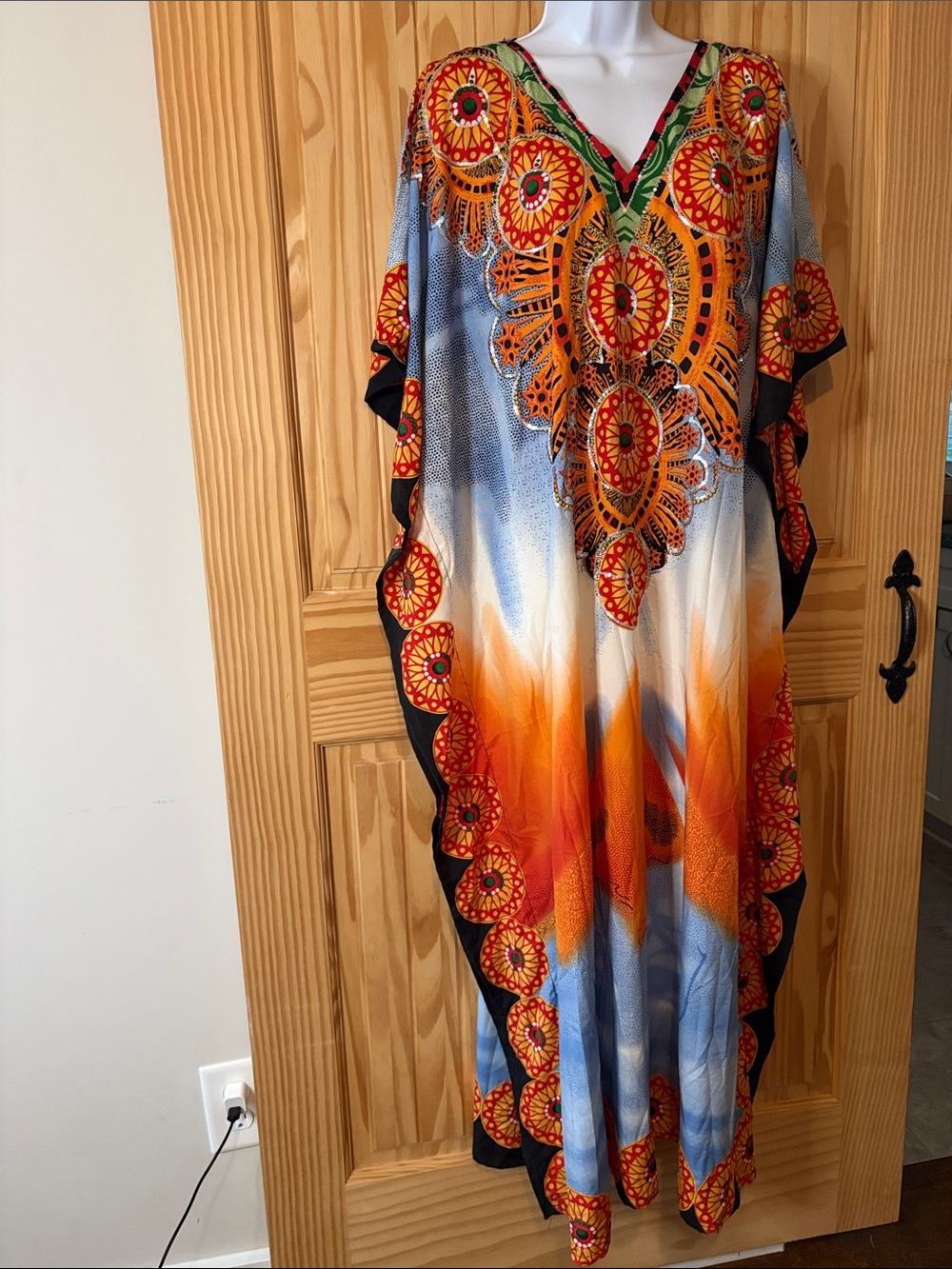 Orange & Blue Embroidered V-Neck Maxi Caftan Dress
